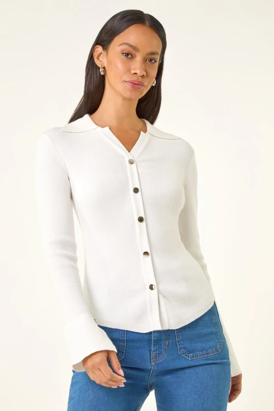 Image of Dusk Womens Collared Button Jumper in Ivory Size: 14 Ivory Female 14
