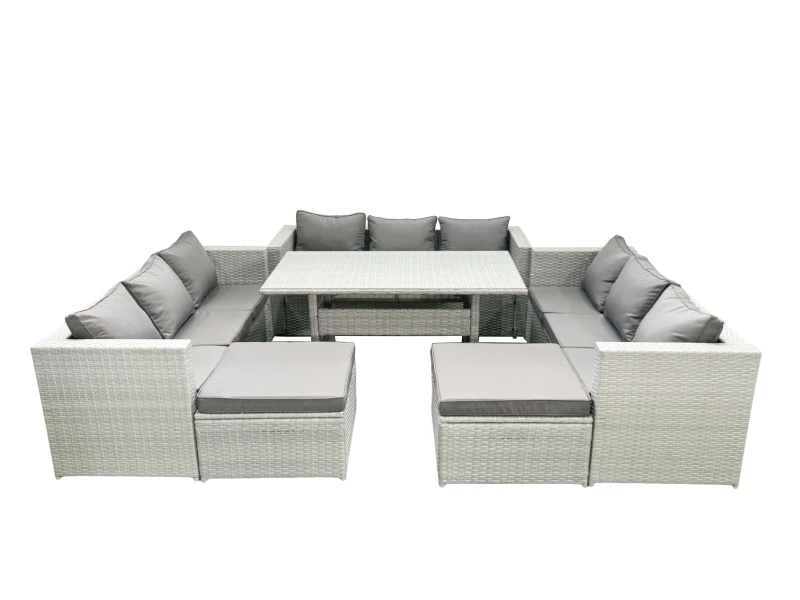 Image of Fimous Rattan Garden Outdoor Furniture Set 11 Seater Garden Sofa Rectangulr Dining Table Set with 2 Big Footstools Light Grey Mixed Light Grey
