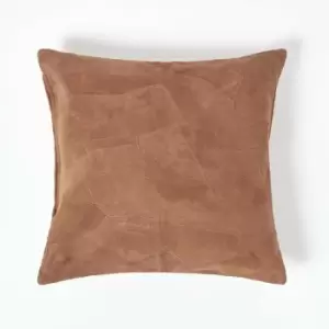 Image of HOMESCAPES Tan Brown Real Leather Suede Cushion with Feather Filling - Brown