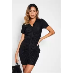 Image of I Saw It First Plisse Ruched Shirt Dress - Black