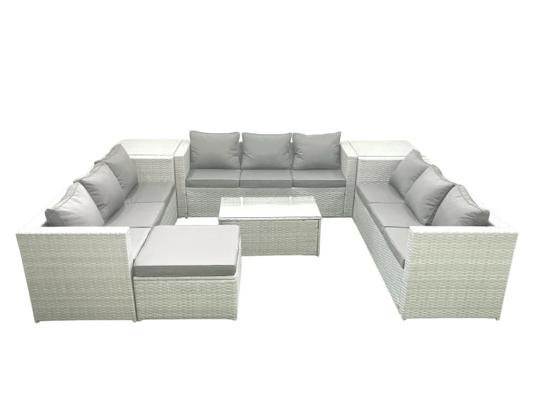 Image of Fimous Rattan Garden Outdoor Furniture Set 10 Seater Garden Sofa Coffee Table Set with Big Footstool 2 Side Tables Light Grey Mixed Light Grey