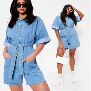 Image of I Saw It First Button Front Belted Denim Playsuit - Blue