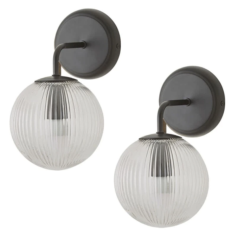 Image of ValueLights ValueLights Kempton Pair of Ribbed Glass Globe Shade Single Arm Wall Lights in Black One Size Unisex 5059406068379