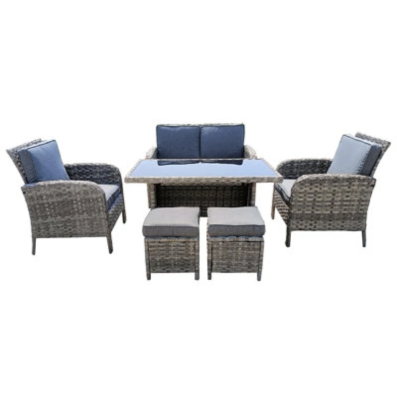 Image of 6 Piece Rattan Garden Furniture Set With Tempered Glass Top Table, Padded Sofa, Armchair, Stools - Gray