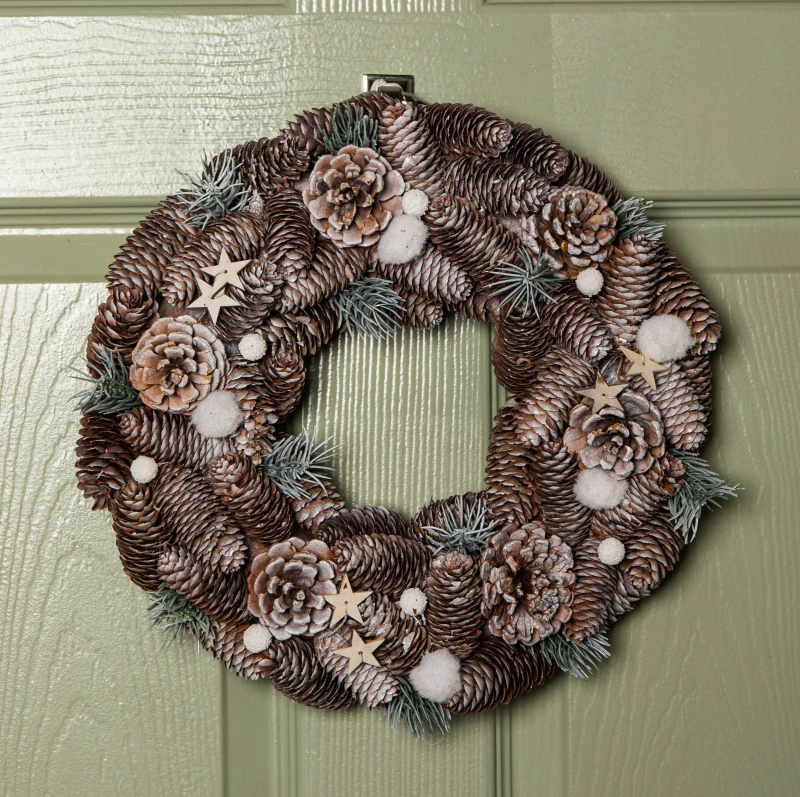 Image of 36cm Frosted Hanging Christmas Wreath with Pine Cones & Wooden Stars
