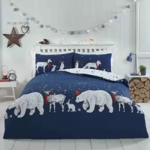 Image of Rapport - Polar Bear And Friends Single Duvet Cover Set Christmas Reversible Bedding Set - Blue