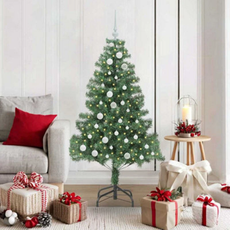 Image of vidaXL Christmas Tree with 150 LEDs, White Balls with Stand Green 150cm PVC, Green 3396370