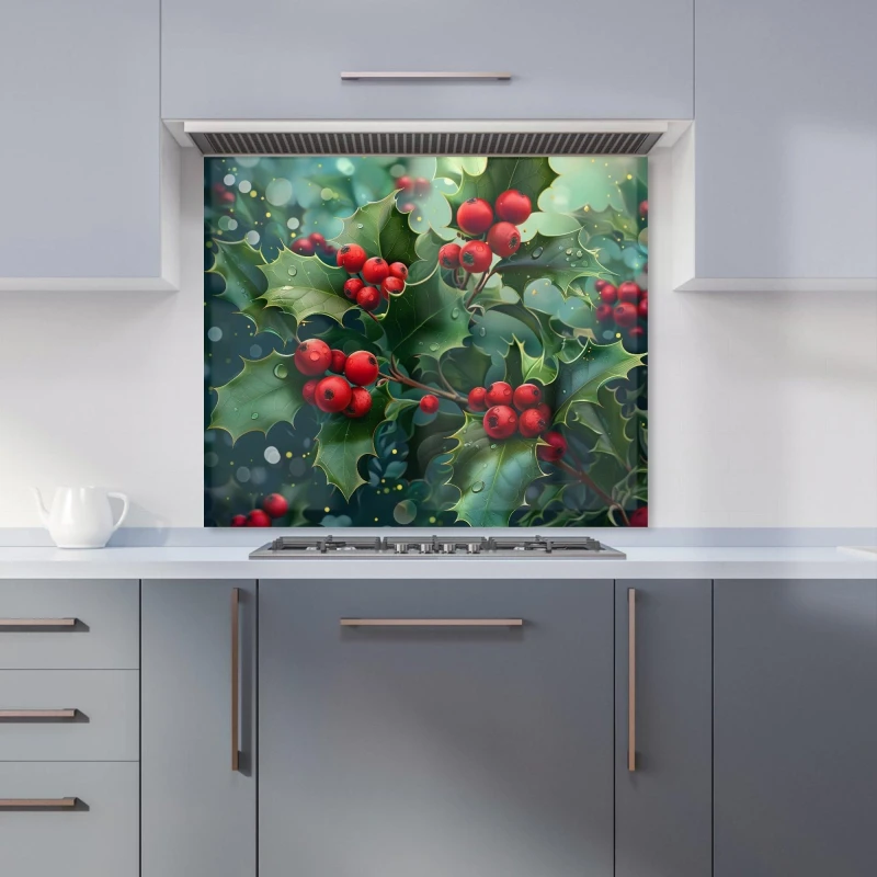 Image of Warren Reed - Designer Festive Holly with Dew-Kissed Berries Kitchen Splashback Size: 900mm x 750mm Multicolor Unisex 900mm x 750mm