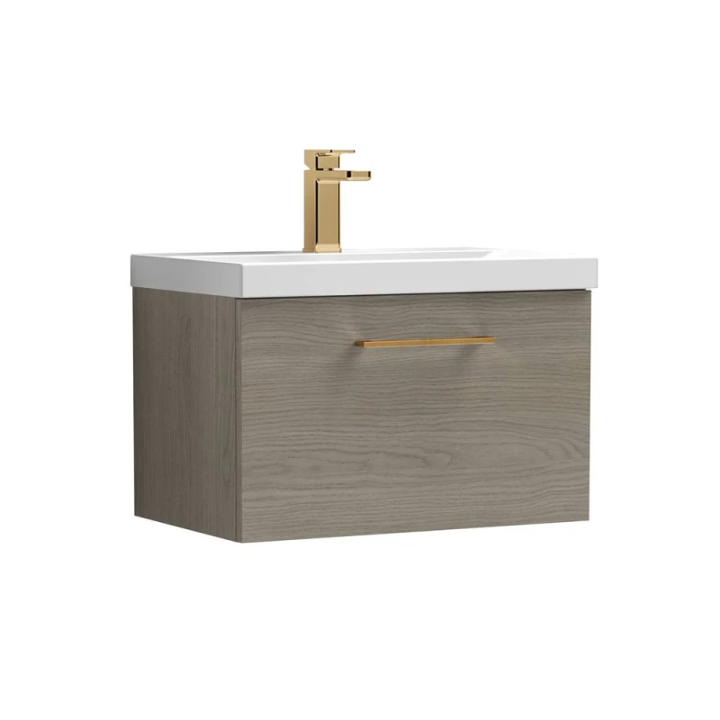 Image of Balterley 600mm Wall Hung 1 Drawer Vanity Basin Unit, Mid Oak, Bronze Handle in Brown Brown Unisex