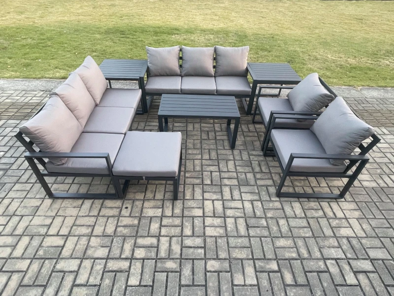 Image of Fimous Aluminium Outdoor Garden Furniture Set 9 Seater Garden Sofa with Oblong Coffee Table Big Footstool 2 Side Tables Dark Grey Dark Grey Unisex