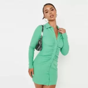 Image of Missguided Black Rib Button Down Ruched Collar Mini Dress - Green