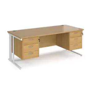 Image of Office Desk Rectangular Desk 1800mm With Double Pedestal Oak Top With White Frame 800mm Depth Maestro 25 MCM18P33WHO
