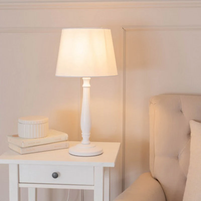 Image of ValueLights Victoria White Wood Stem Table Lamp with Fabric Tapered Shade and LED Bulb White