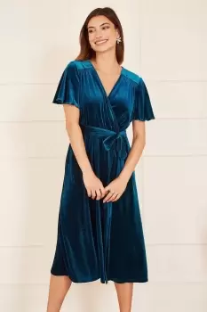 Image of Teal Wrap Over Midi Dress With Angel Sleeves and Split Hem