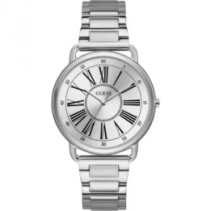 Image of GUESS Ladies silver watch with silver roman numeral dial.