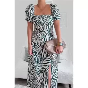 Image of I Saw It First Zebra Print Square Neck Short Puff Sleeve Midi Dress - Green