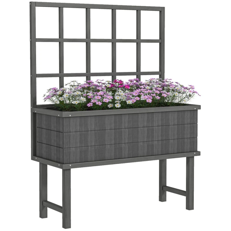 Image of Outsunny Wood Raised Planter with Trellis Drain Holes Elevated Garden Bed Grey 84H-085V00GY