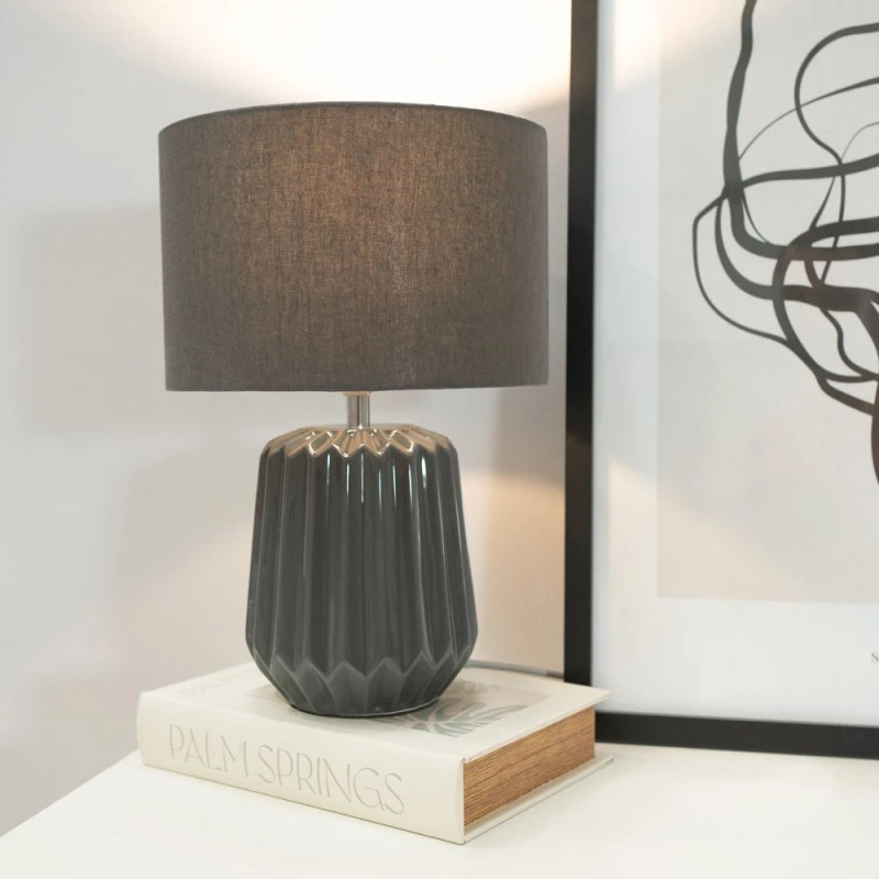 Image of ValueLights Zak Pair Pleated Textured Ceramic Table Lamps with matching Fabric Lamp Shades Grey