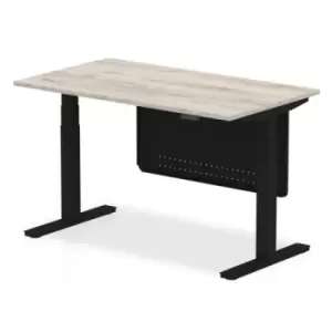 Image of Air 1400 x 800mm Height Adjustable Desk Grey Oak Top Black Leg With Black Steel Modesty Panel