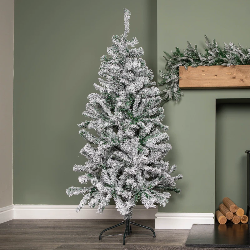Image of 5ft (1.5m) Snow Flocked Artificial Christmas Tree with Green Metal Stand and 285 Tips