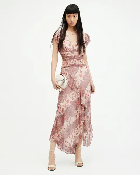 Image of AllSaints Brea Floral Print Cascade Maxi Dress