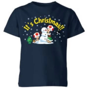 Image of Nintendo Super Mario Toad Snowman Merry Christmas Kid's T-Shirt - Navy - 9-10 Years