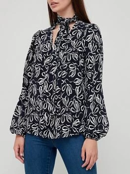 Image of Ted Baker V Neck Top with Tie Neck - Dark Blue Size 2=10, Women