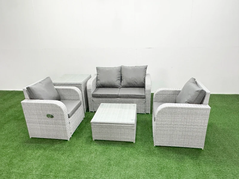 Image of Fimous Light Grey PE Wicker Rattan Garden Furniture Set Sofa Set Reclining Adjustable Chair Square Coffee Table 4 Seater With Side Table Light Grey