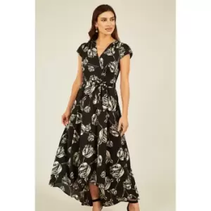 Image of Mela London Black Rose Print Dipped Hem Wrap Dress - Black