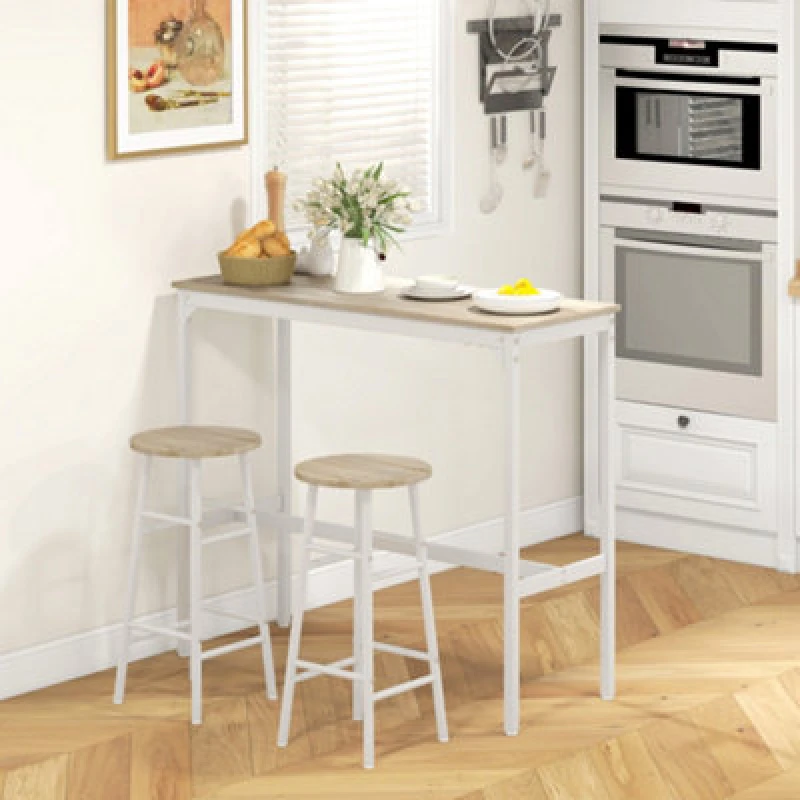 Image of Homcom 3 Piece Bar Set, Industrial Kitchen And Chair Set Oak