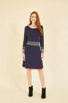 Image of Navy Knitted Dress With Contrast Stripe Waistband and Cuffs