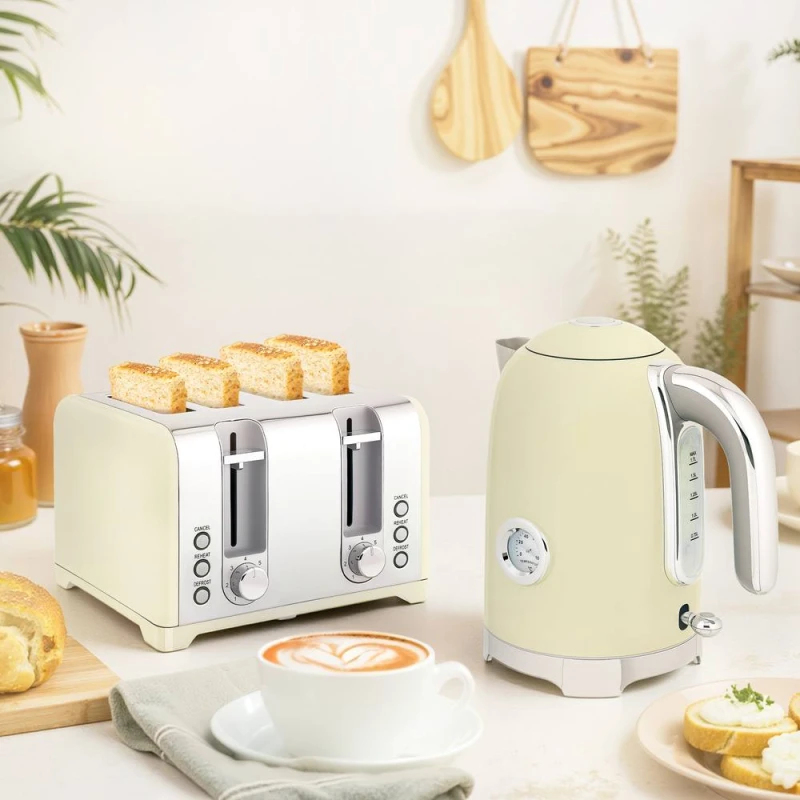Image of HOMCOM HOMCOM 3000W 1.7L Kettle with Retro Thermometer, 4 Slice Toaster Set, Cream 5063603318984