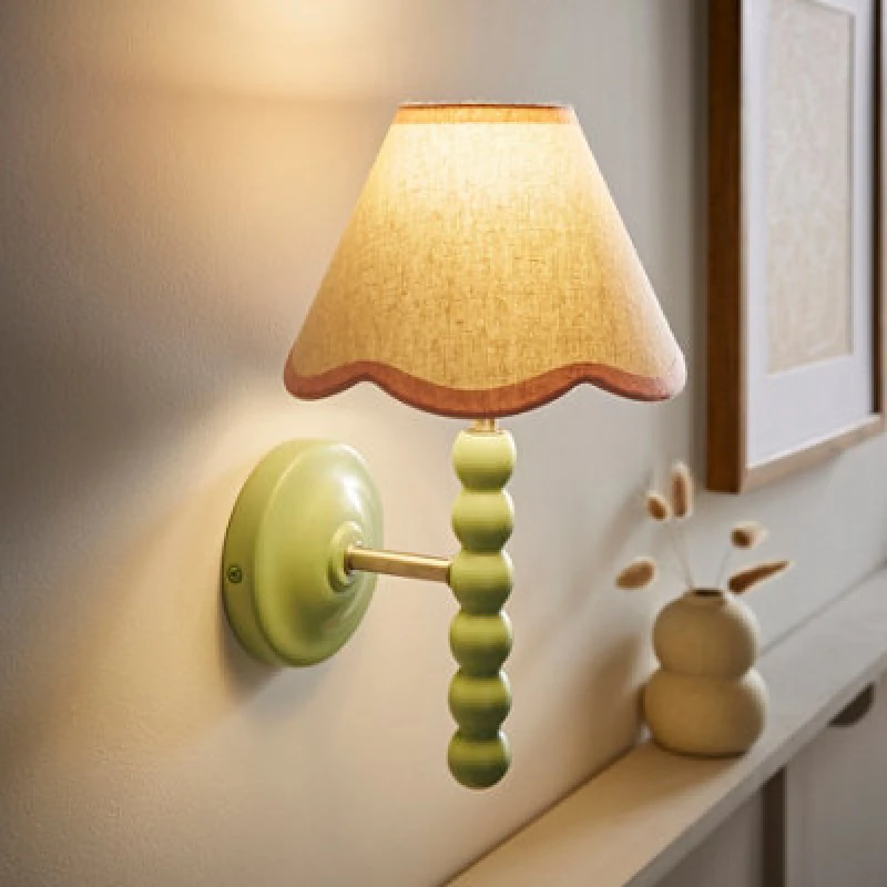 Image of Valuelights Bobbin Green Wall Light With Pink Trim Scallop Shade And Bulb