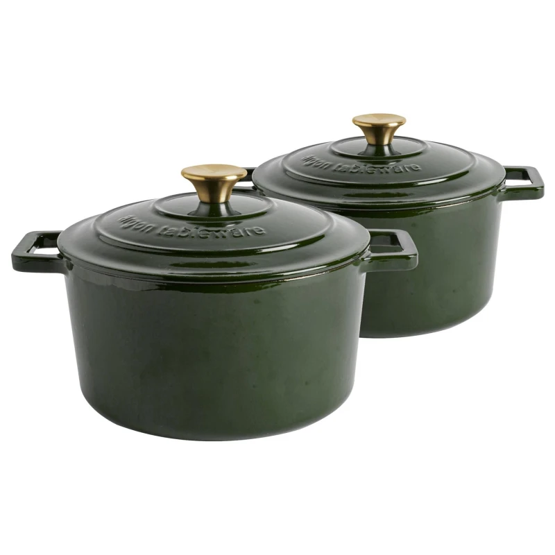 Image of Argon Tableware 2x Round Cast Iron Casserole Dishes with Self-Basting Lid 4.5L in Green Green Unisex