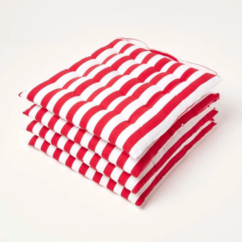 Image of Homescapes Red Stripe Seat Pad with Button Straps 100% Cotton 40 x 40cm Set of 4 Red