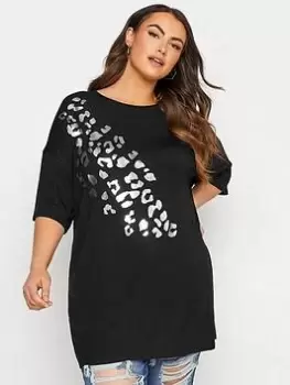 Image of Yours Black Leopard Foil Oversize Tee Silver, Black, Size 18, Women