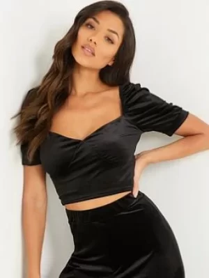 Image of Quiz Velvet Puff Sleeve Crop Top, Black, Size 6, Women
