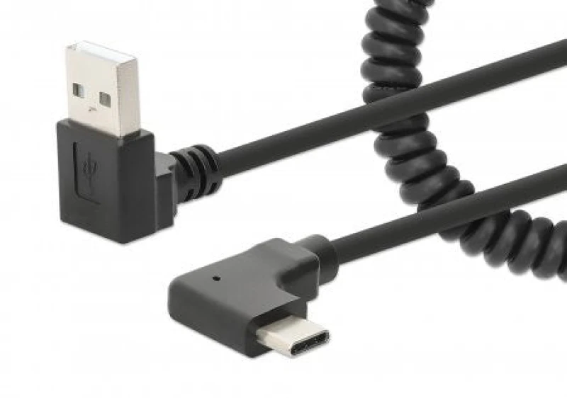 Image of Manhattan Manhattan USB-C to USB-A Cable, 1m, Male to Male, Black, 480 Mbps (USB 2.0), Tangle Resistant Curly Design, Angled Connectors, Ideal for Cha