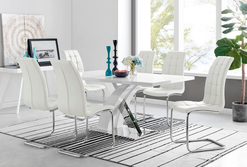 Image of FurnitureboxUK FurnitureboxUK Atlanta Modern Rectangle Chrome Metal High Gloss White Dining Table And 6 Murano Chairs Set in Off White Off White One S