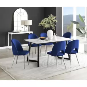 Image of Furniturebox Carson White Marble Effect Rectangular 160cm Dining Table & 6 Blue Arlon Silver Leg Velvet Chairs