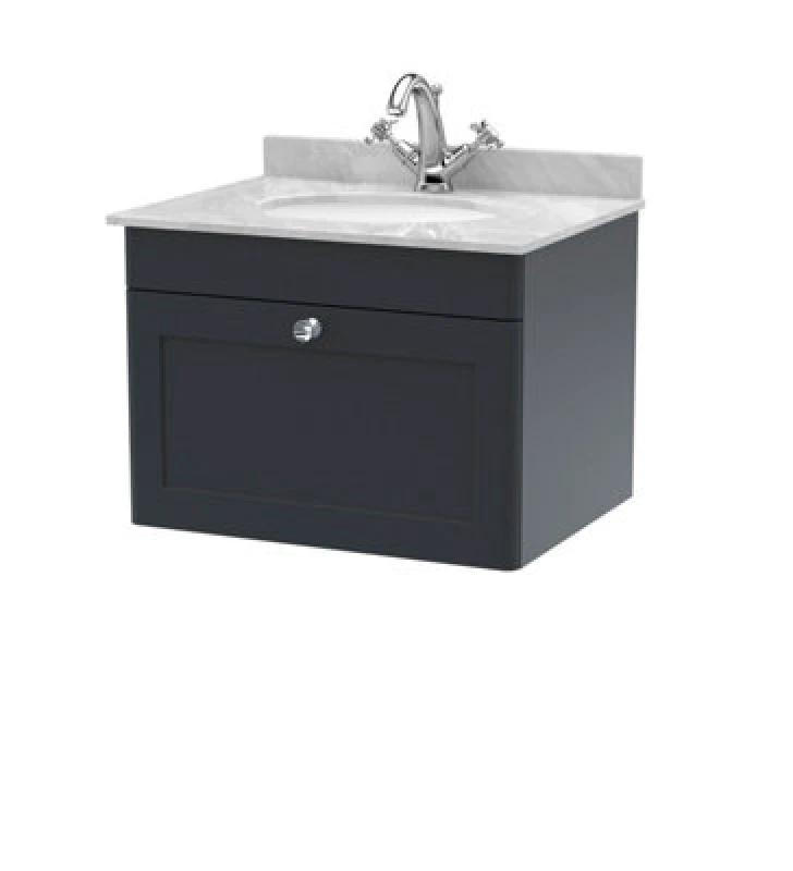 Image of Nuie Classique Wall Hung 1 Drawer Unit & 1 Tap Hole Grey Marble Top With Oval Basin, Sink Vanity Unit In Soft Black With White