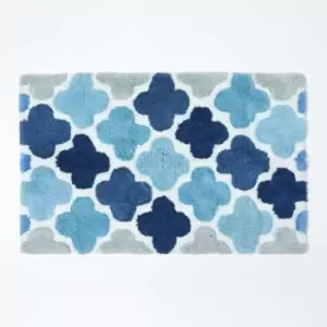 Image of Blue and Grey Pattern Cotton Bath Mat - Blue - Blue - Blue - Homescapes