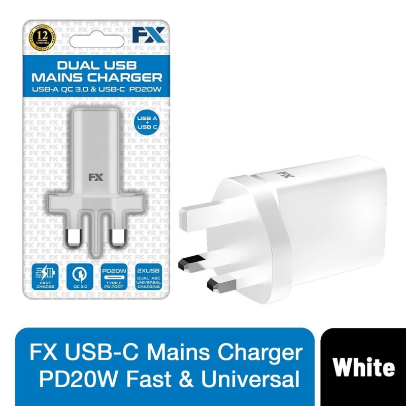 Image of FX USB-C 'Mains Charger' PD20W Fast & Universal Compatible White White unisex