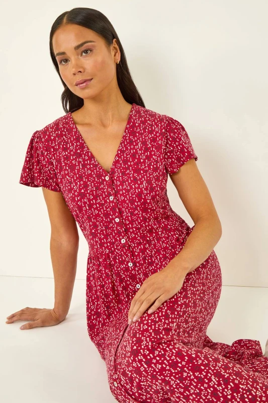 Image of Roman Womens Petite Abstract Spot Midi Dress in Red Size: 16 Red Female 16