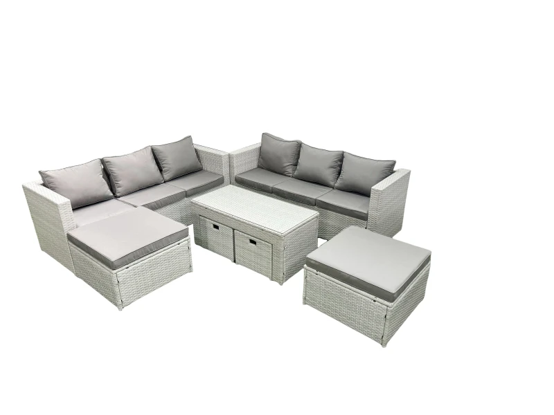 Image of Fimous Rattan Garden Furniture Set Outdoor Lounger Sofa with Coffee Table 4 Footstools Light Grey Mixed 10 Seater Light Grey