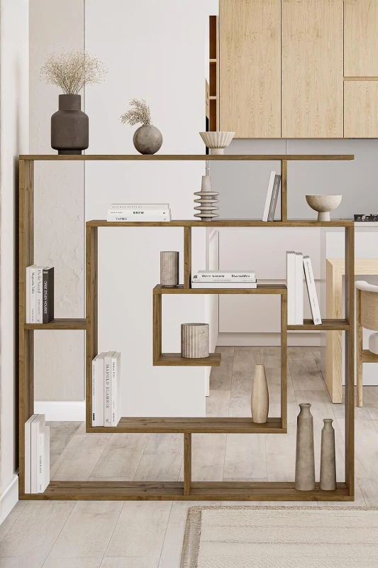 Image of FWStyle Dark Oak Effect Large Maze Inspired Room Divider Shelving Unit in Brown Brown Unisex