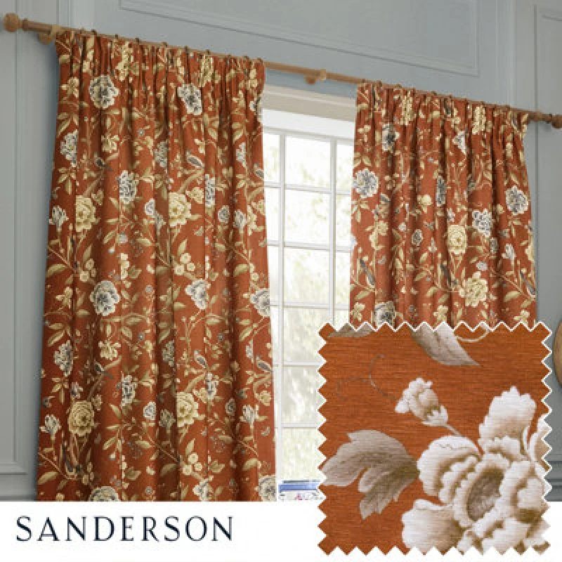 Image of Sanderson Sanderson Porcelain Garden Printed Chenille Room Darkening Pencil Pleat Curtains in Burnt Orange Size: 117cm width x 183cm drop Burnt Oran