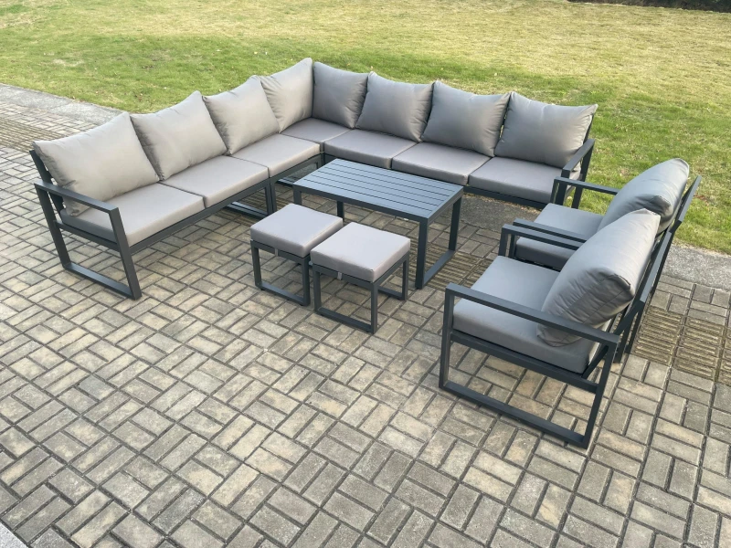Image of Fimous Aluminium Outdoor Garden Furniture Set Lounge Corner Sofa 2 Pcs Chair Oblong Coffee Table Sets with 2 Small Footstools Dark Grey Dark Grey Unis