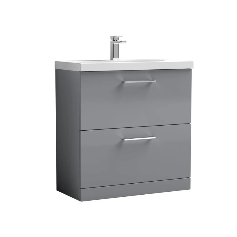 Image of Balterley Contemporary Bathroom Floor Standing 2 Drawer Vanity Unit & Mid-Edge Ceramic Basin, Satin Grey, 800 mm in Grey Grey Unisex