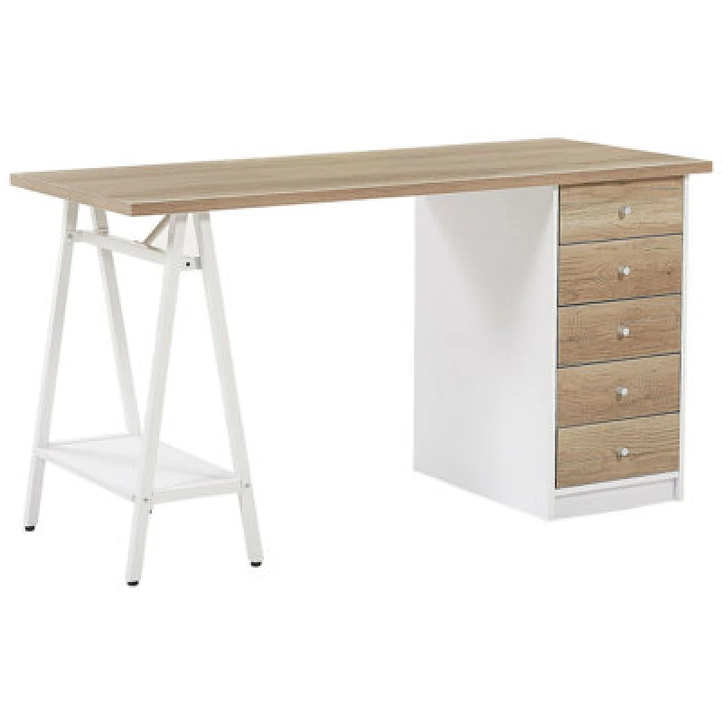 Image of Beliani Home Office Desk Heber Brown/ White 140 Cm 60 Cm With Drawers